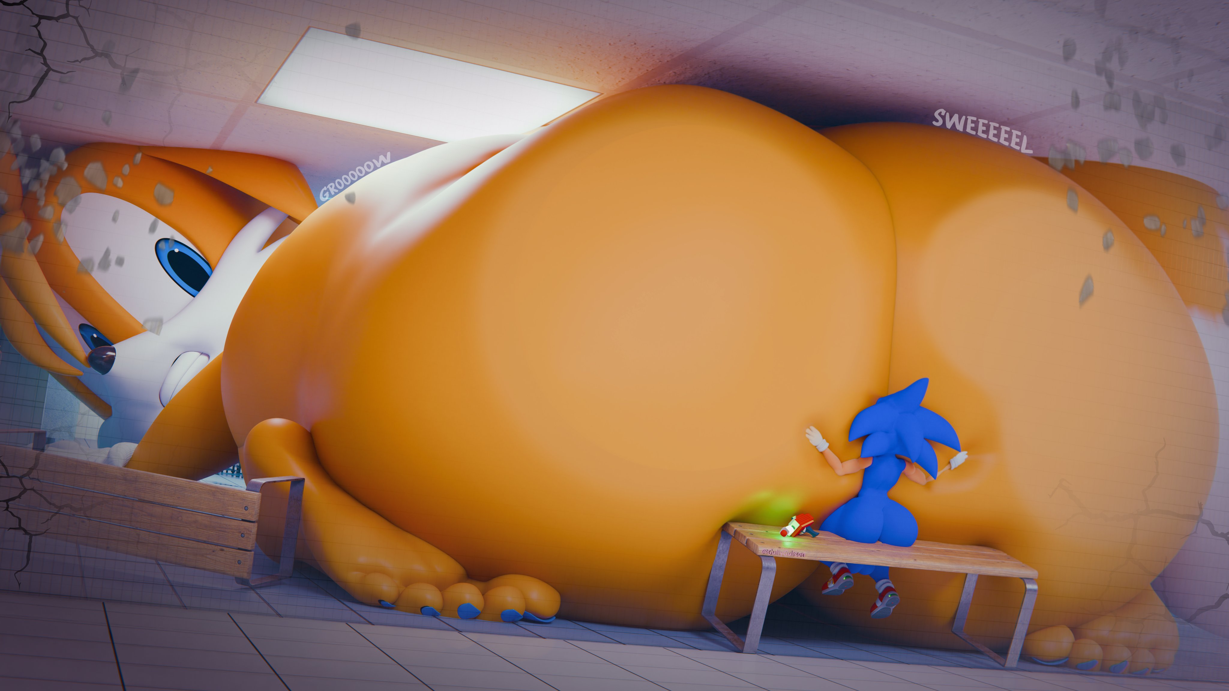 2boys, ass, big ass, big butt, blue eyes, blue fur, fat ass, fat butt, fox, gullygulson, hedgehog, huge ass, huge butt, looking back, macro, male, male only, miles prower, room filling, sega, sonic (series), sonic the hedgehog, sonic the hedgehog (series), tails, tails the fox, thick ass, thick butt, yellow fur