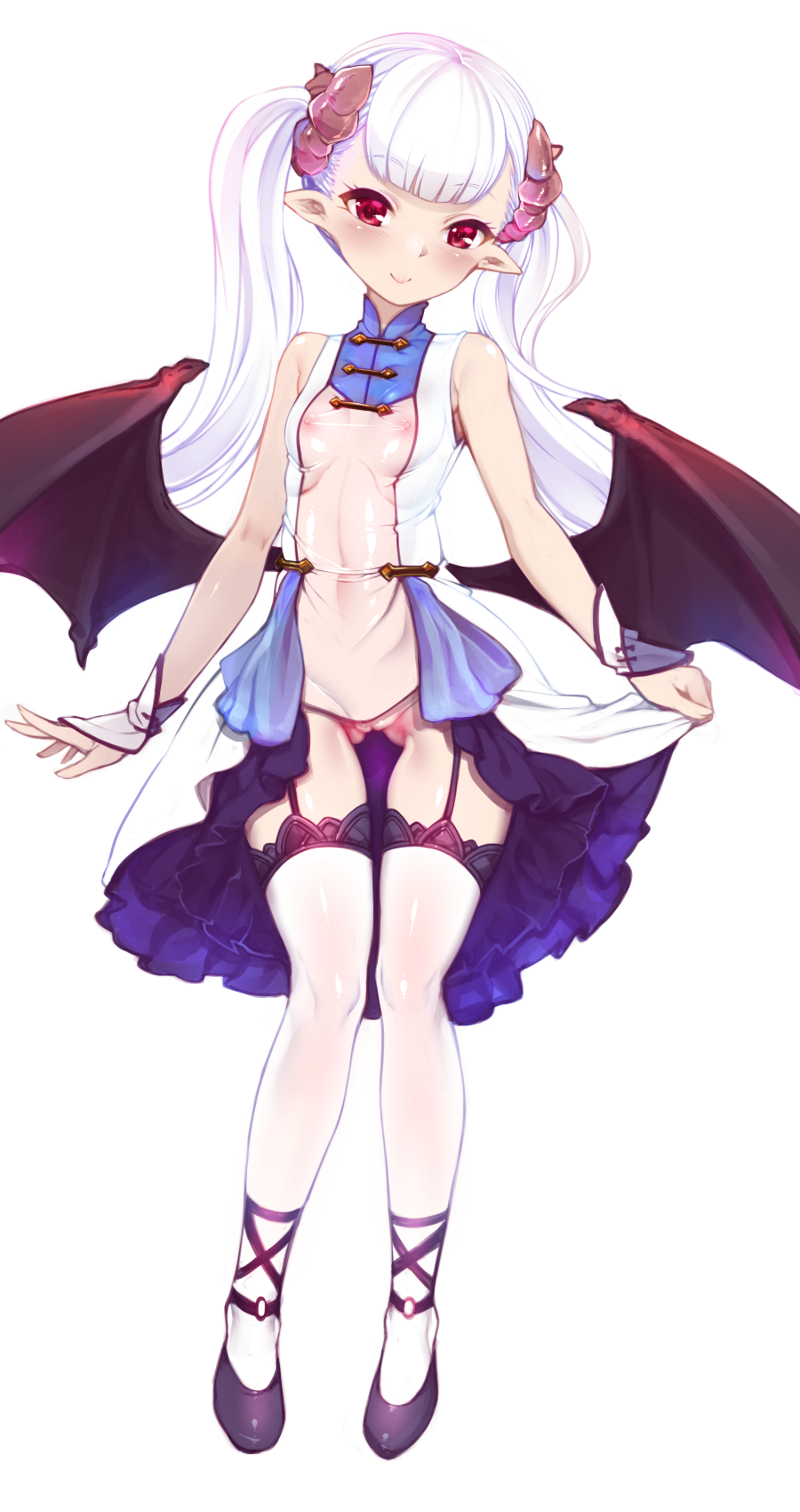 bat_wings betoko blush breasts demon_girl demon_tail dress female full_body garter_straps harigane_shinshi highres horns long_hair nipples no_panties original pointy_ears red_eyes see-through simple_background small_breasts smile solo standing succubus tail thighhighs twintails uncensored wings wrist_cuffs