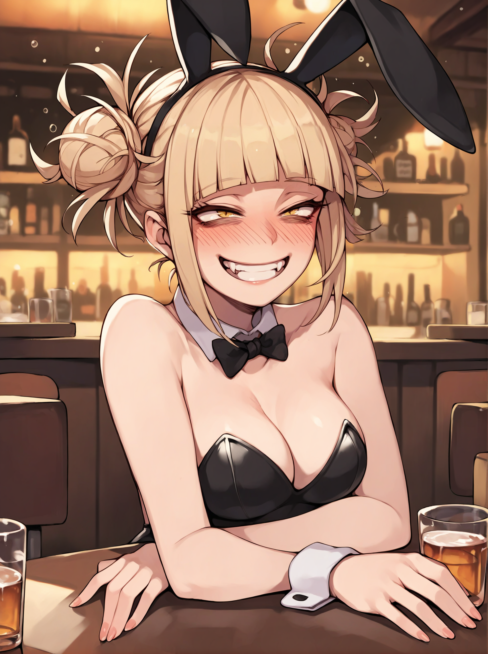 ai generated, alternate costume, blonde hair, blush, breasts, bunny ears, bunnysuit, drink, eye contact, female, female only, himiko toga, looking at viewer, my hero academia, playboy bunny, smile, yellow eyes