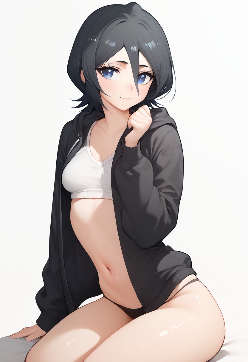 1girls, ai generated, black hair, bleach, breasts, female, kuchiki rukia, small breasts, sports bra, thong