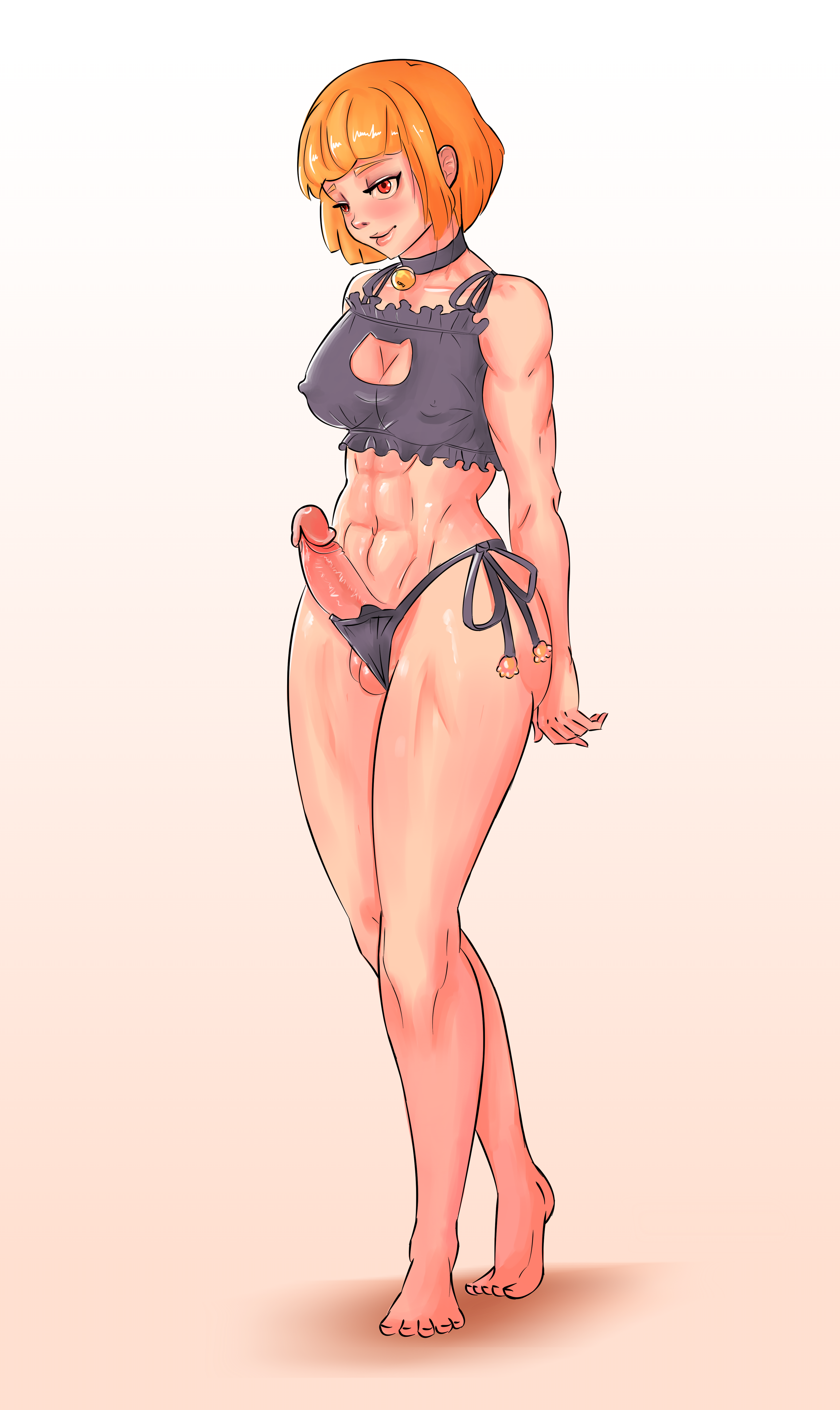 1futa, abs, absurdres, balls, bell collar, blush, breasts, cat keyhole bra, cleavage, dickgirl, erection, firacg, futa only, futanari, highres, intersex, orange hair, panties, penis, penny krieger, red eyes, shy, smiling, solo, standing, testicles