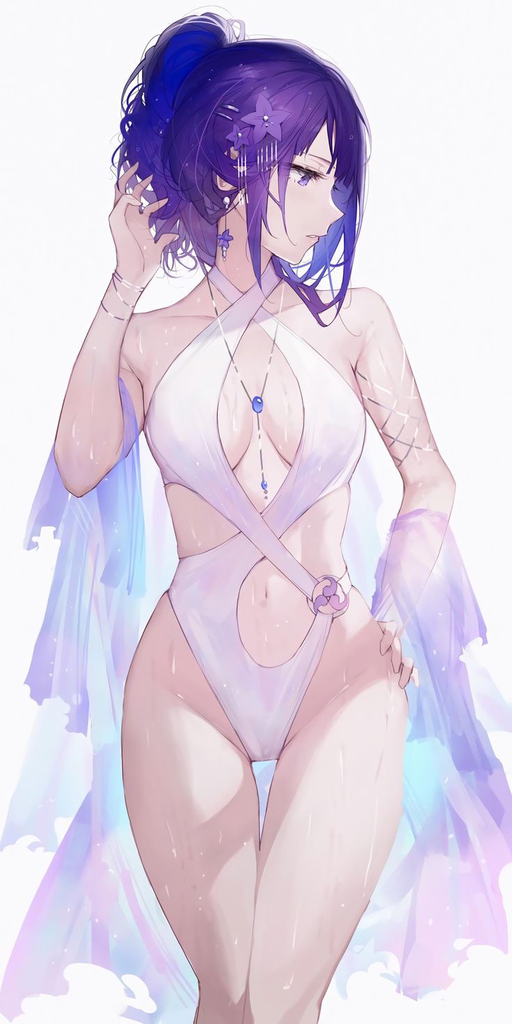 curvy figure, female, female only, genshin impact, purple eyes, purple hair, raiden shogun, swimsuit, swimwear, wet body