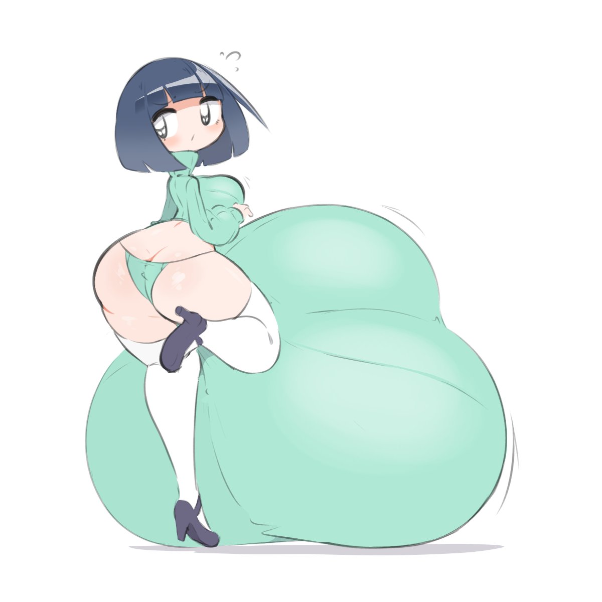 1futa ass balls black_eyes black_footwear blue_hair bob_cut breasts chibi chibi_style closed_mouth clothed clothing first_porn_of_character flying_sweatdrops futa_only futanari gigantic_balls gigantic_penis green_panties green_sweater huge_breasts human hyper hyper_balls hyper_genitalia hyper_penis large_ass large_butt light-skinned_futanari light_skin looking_back o-bisu partially_clothed penis sabukaru-chan_(ezaki_bisuko) short_hair solo solo_futa standing white_thighhighs wrist-cut_transformation_subculture_menhera