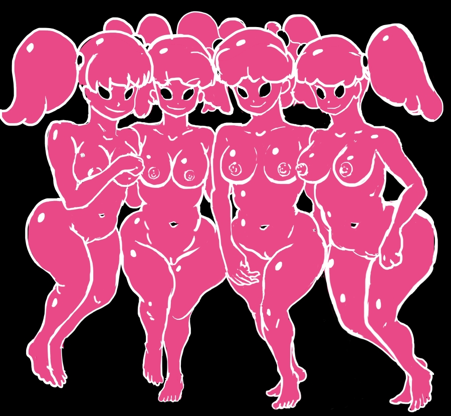 4girls belly belly_button big_breasts black_background black_sclera clones disney drugs drunk dumbo empty_eyes feet hallucination multiple_girls no_pupils nude pink_body pink_elephants_on_parade pink_hair pink_skin pussy smile unknown_artist white_outline