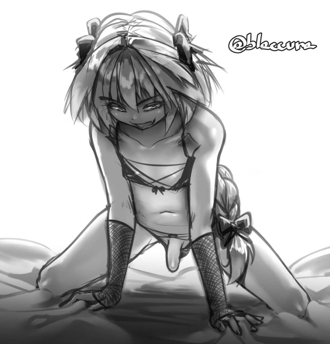 1boy, astolfo (fate), black and white, burakku-ra, dick, fate (series), fate/apocrypha, fate/grand order, femboy, long hair, looking at viewer, male, male only, penis, solo, trap
