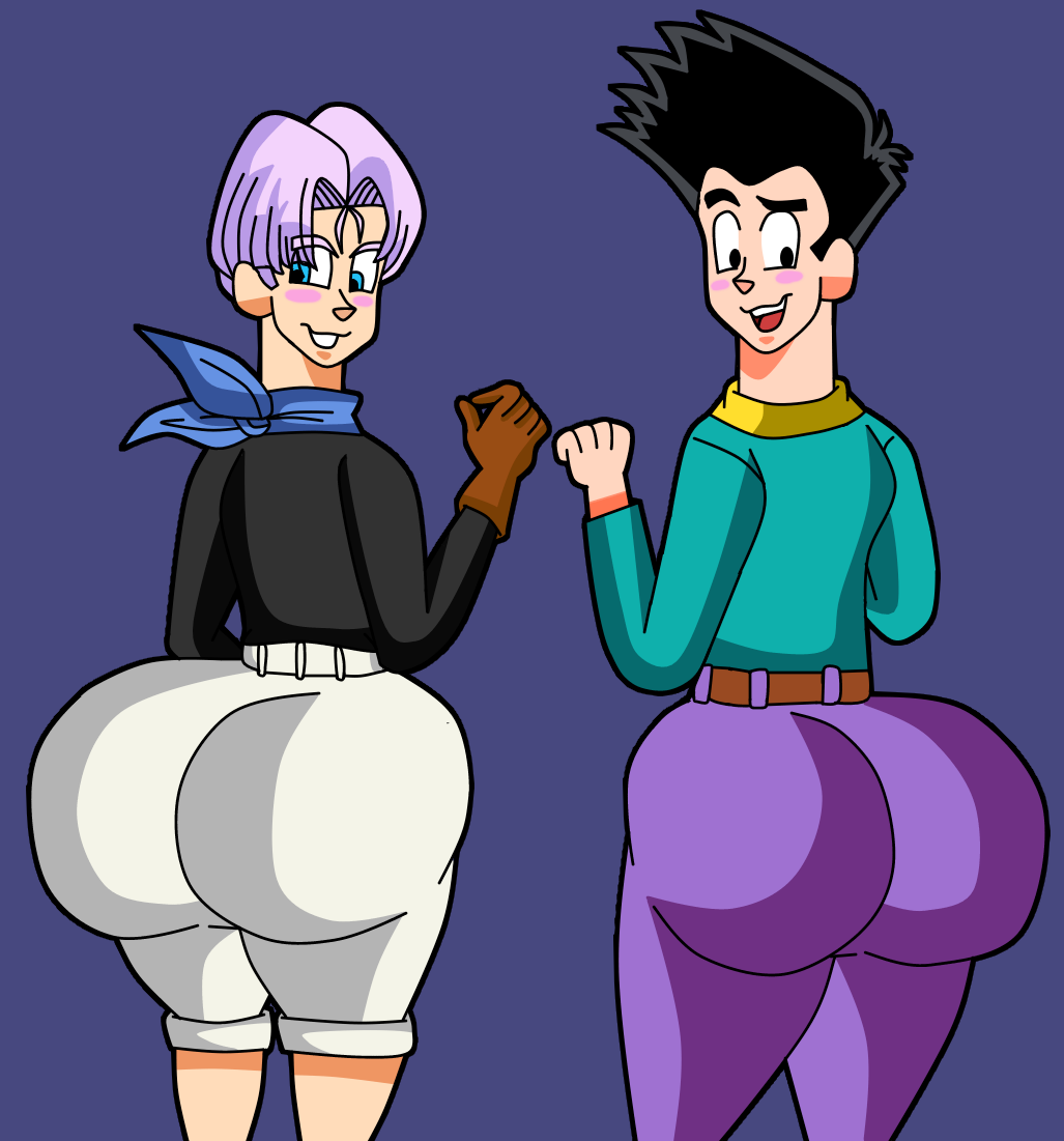 2boys ass big_ass big_butt black_eyes black_hair blue_eyes blush butt dragon_ball dragon_ball_(series) dragon_ball_gt fat_ass fat_butt fully_clothed huge_ass huge_butt looking_back male male_only purple_hair shounen_jump shueisha son_goten tensiisphere thick_ass thick_butt toei_animation trunks_briefs