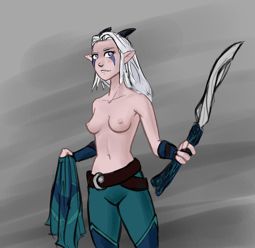 1girls elf female female_only horns nipples rayla_(the_dragon_prince) solo sword the_dragon_prince white_hair