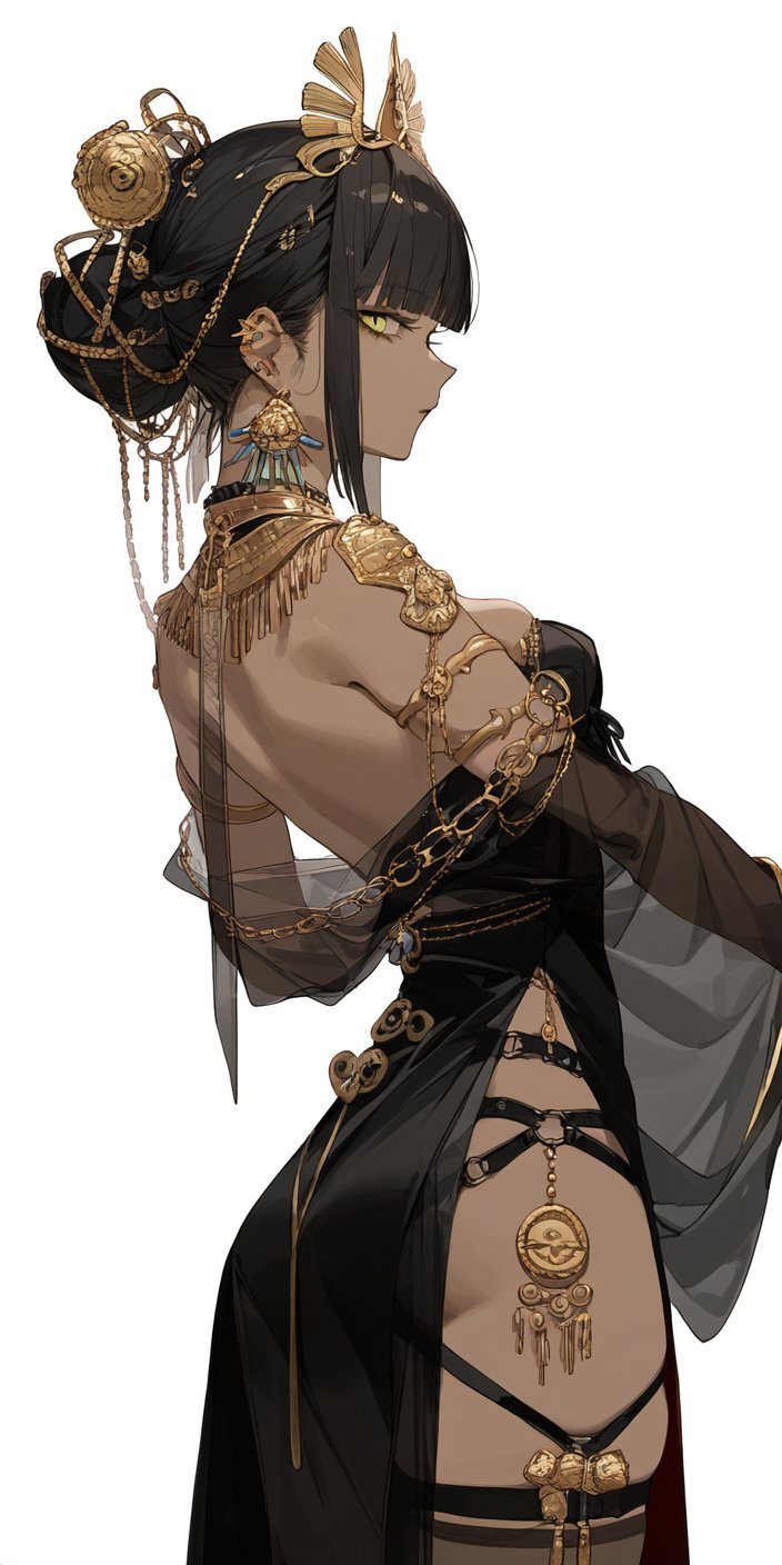 1girls, ai generated, black hair, breasts, dark skin, dark-skinned female, ear piercing, egyptian, egyptian clothes, female, gold, large breasts, sagawa (artist), yellow eyes