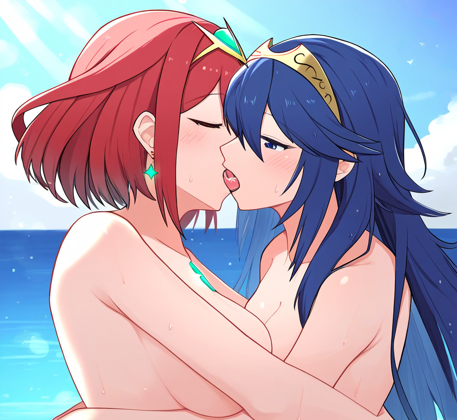 2girls ai_generated beach blue_eyes blue_hair blush breasts chest_jewel core_crystal crossover earrings embrace female female_only fire_emblem fire_emblem_awakening french_kiss kissing long_hair lucina_(fire_emblem) multiple_girls nintendo nude nude_female ocean one_eye_closed phyneo pyra pyra_(xenoblade) red_hair short_hair small_breasts super_smash_bros. symmetrical_docking tiara xenoblade_(series) xenoblade_chronicles_2 yuri