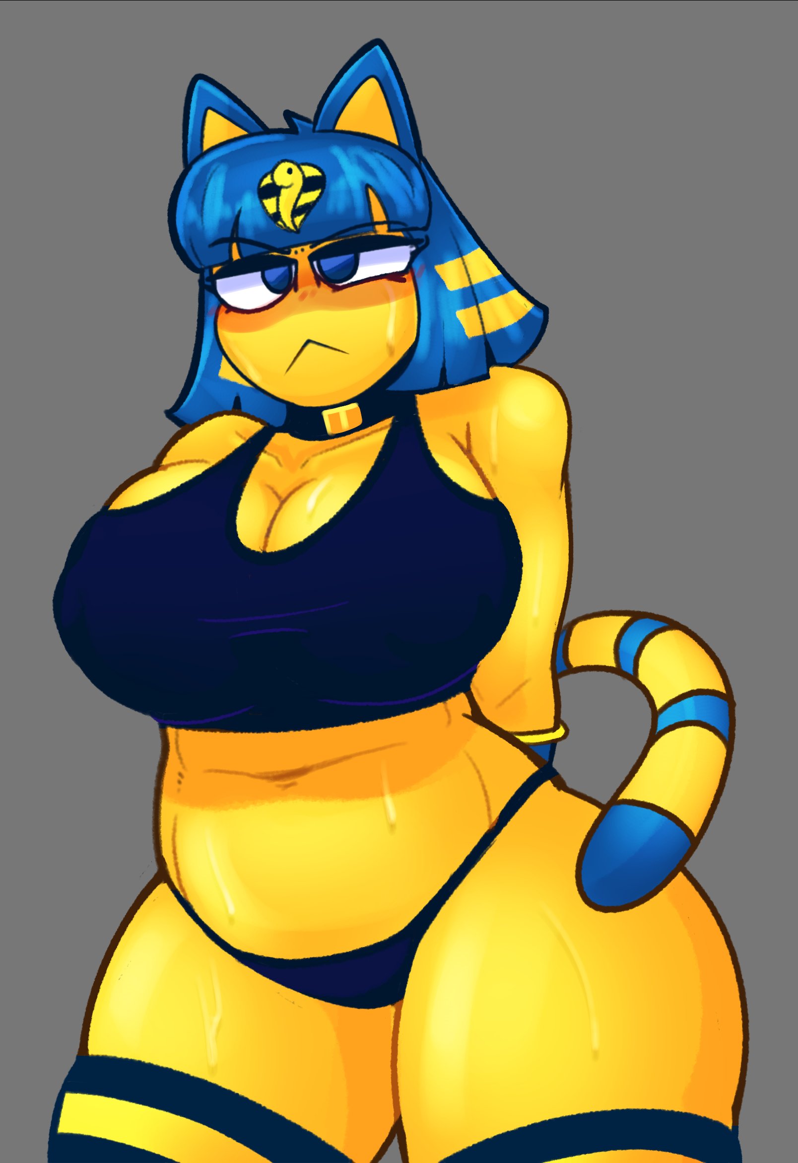 1girls, 2020s, 2023, animal crossing, ankha, anthro, anthro only, anthrofied, big thighs, blue eyes, blue hair, blush, blushing, bra, cat ears, cat girl, cat tail, chubby, chubby female, collar, egyptian, egyptian mythology, feline, female, female focus, female only, fur, furry, furry female, furry only, hi res, highres, large thighs, panties, simple background, solo, solo female, solo focus, srrealleaf, sweat, sweating, sweaty, tail, thick thighs, thighs