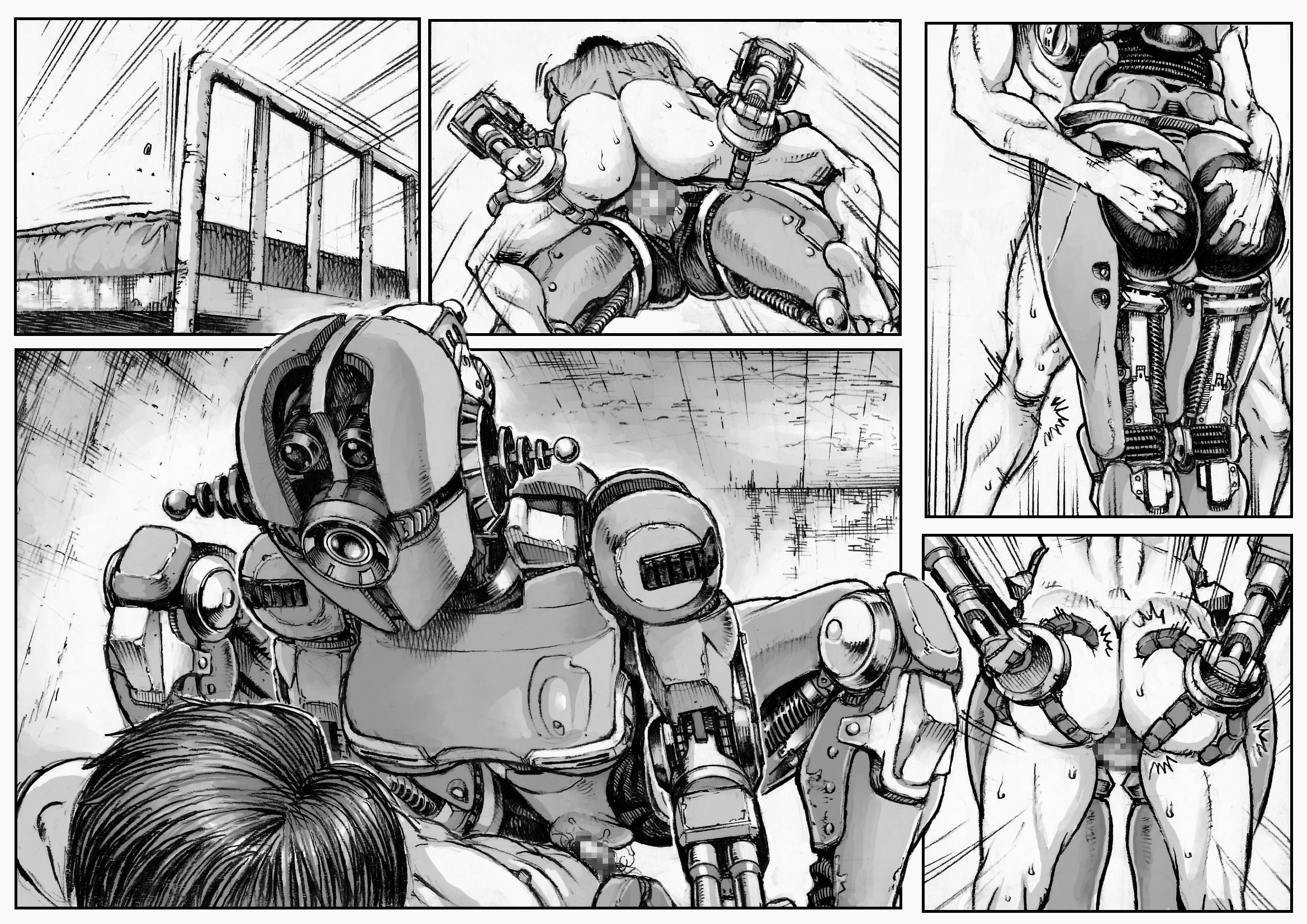 1boy, 1girls, 2017, ass, ass grab, assaultron, bethesda softworks, censored, comic, cowgirl position, double deck, duo, fallout, fallout 4, female, femdom, kl-e-0, machine, male, monochrome, penetration, pussy, robot, sole survivor, sole survivor (male), straight, sweat, vaginal penetration