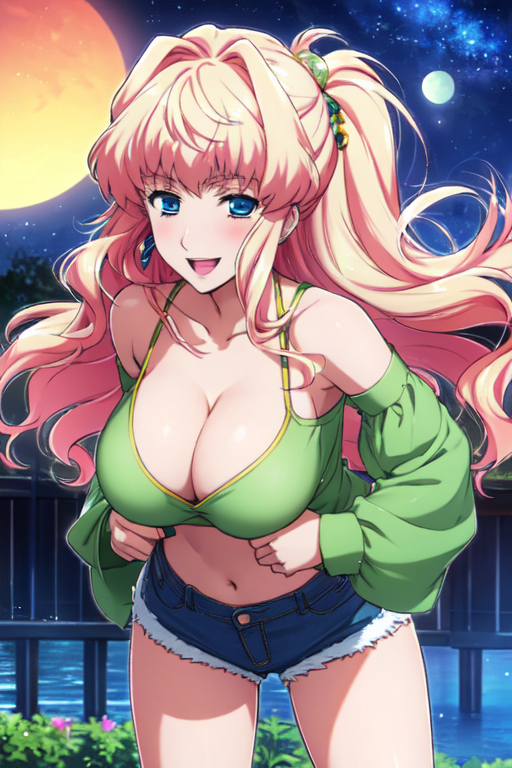 1female 1girls ai_generated bangs belly belly_button big_breasts blue_eyes breasts commentary_request english_commentary female female_only hd hi_res high_resolution highres light-skinned_female light_skin macross_frontier multicolored_hair night night_sky outdoors outside sheryl_nome solo solo_female