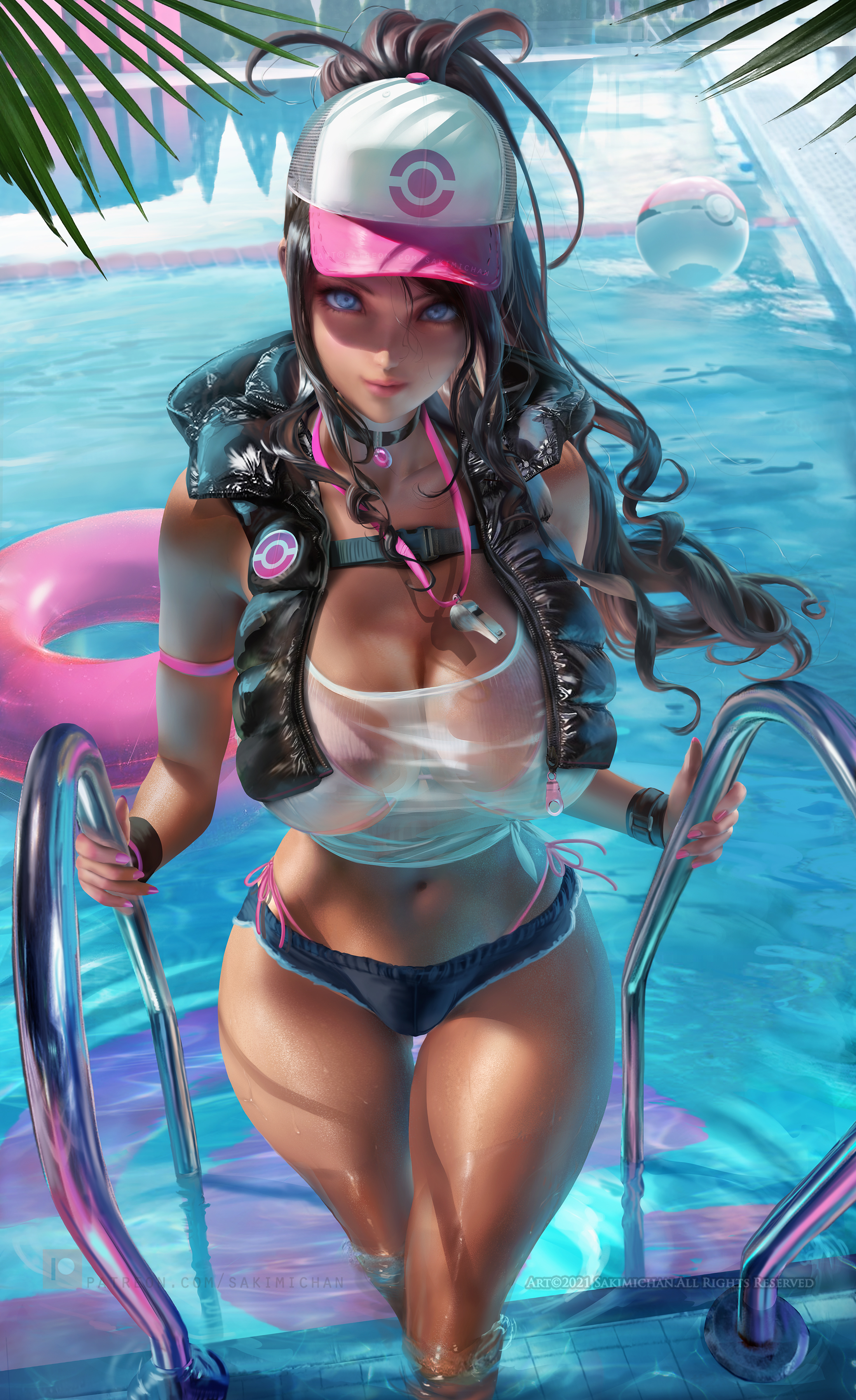 1girls, 2021, alternate breast size, blue eyes, breasts, brown hair, female, female focus, female only, hat, hi res, hilda (pokemon), hips, large breasts, long hair, long ponytail, looking at viewer, naughty face, nintendo, pokemon, pokemon bw, ponytail, pool, poolside, sakimichan, short shorts, shorts, slim waist, suggestive look, tank top, water, wet, wet body, white hat, wide hips