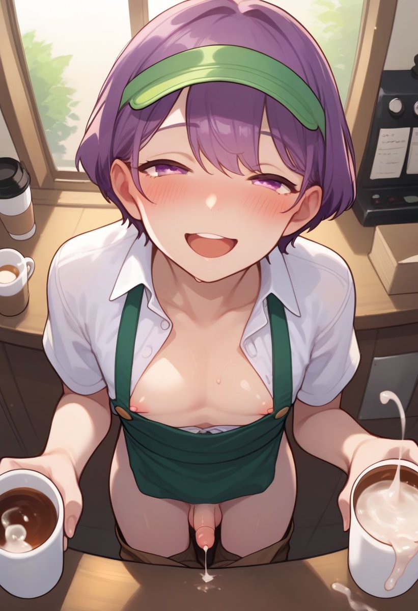 ai_generated barista blush coffee coffee_mug cum cum_in_container cummed_coffee cumshot cute femboy leaking leaking_cum leaking_penis mug penis pov pov_eye_contact purple_eyes purple_hair short_hair sissy small_penis smile trap verybadboye