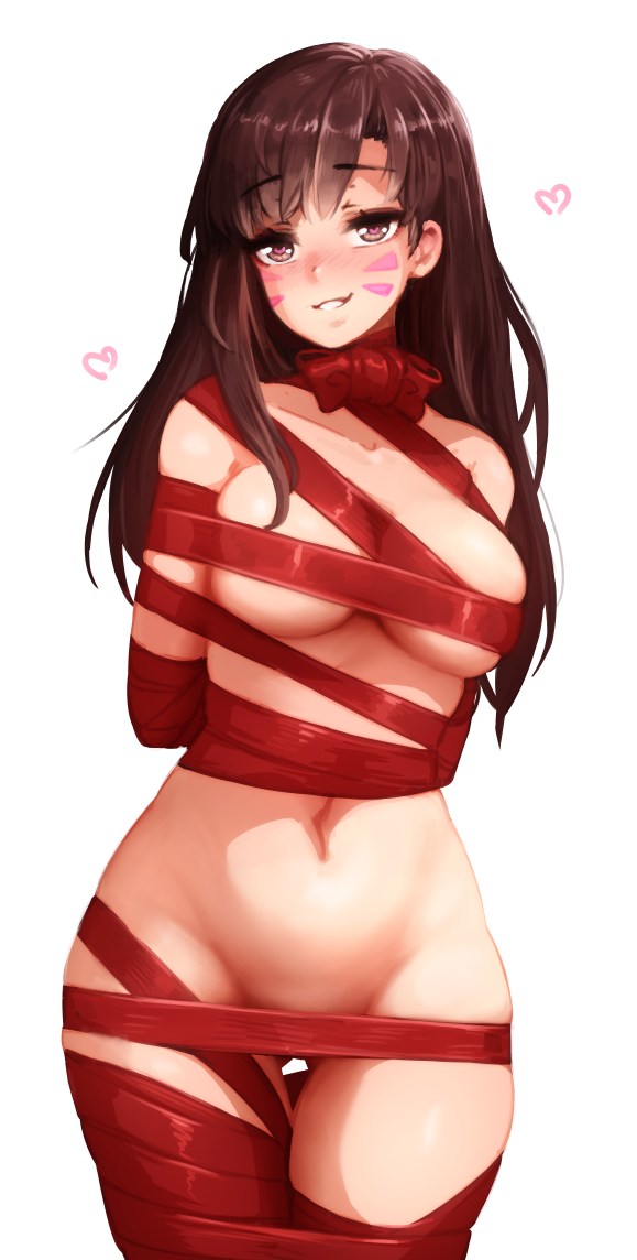 barbariank bondage breasts christmas christmas_outfit cleavage d.va female female_only looking_at_viewer overwatch ribbon ribbon_bondage smile smiling solo