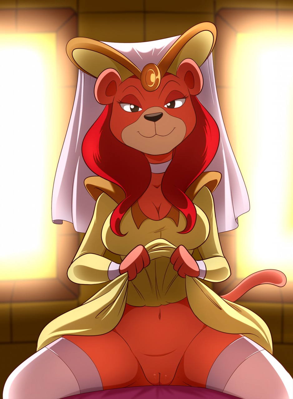 2017 anthro anthro_only bottomless breasts cleavage clothed clothing felid feline female flashing half-closed_eyes hi_res legwear lion lonbluewolf looking_at_viewer mammal navel pantherine presenting presenting_pussy princess_diana_(sylvan) pussy royalty solo sylvan_(series) thigh_highs