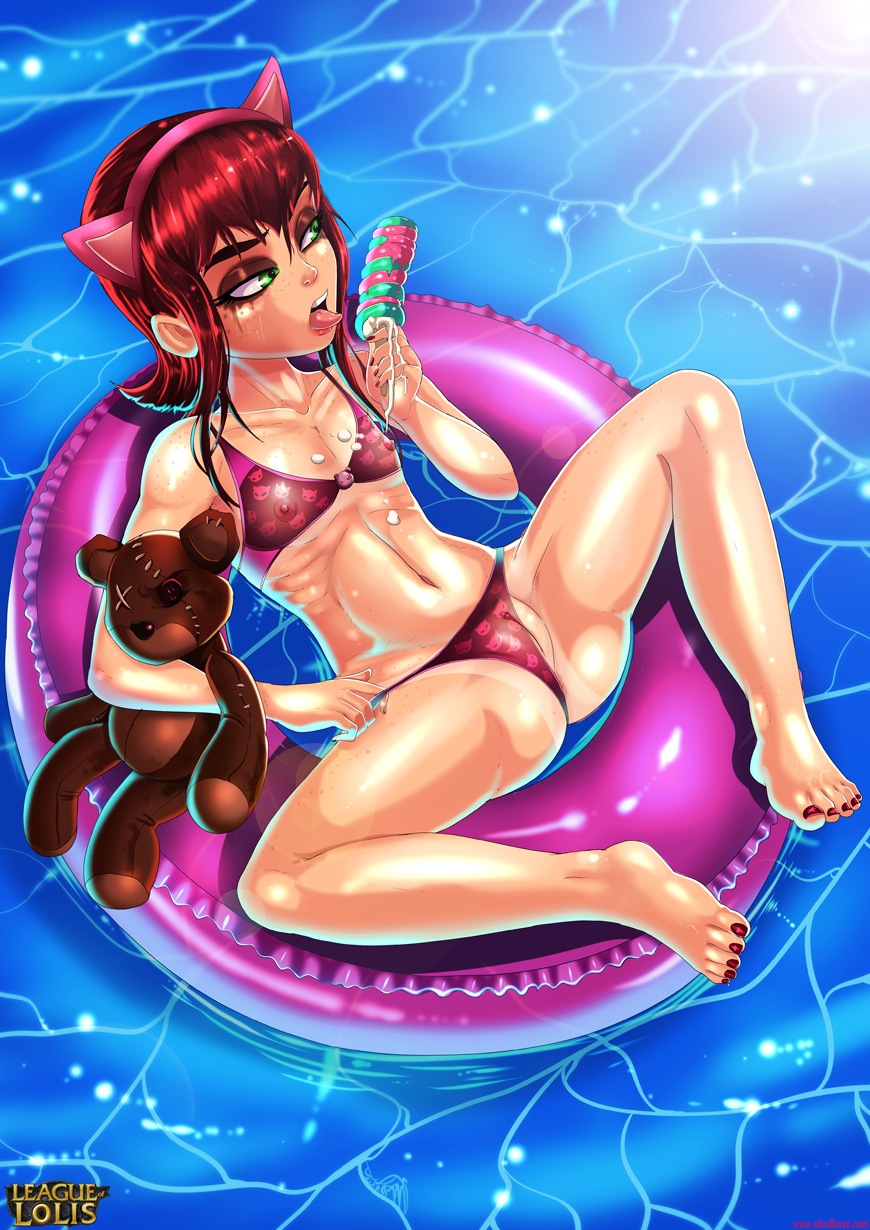 annie hastur, bikini, dripping, feet, female, green eyes, ice cream, league of legends, licking, nail polish, nipples, painted nails, pool, pool float, pussy, red hair, red nail polish, red nails, red toenails, see-through, see-through bikini, shadman, short hair, skinny, solo, teddy bear, tibbers, toes, tongue, tongue out, uncensored