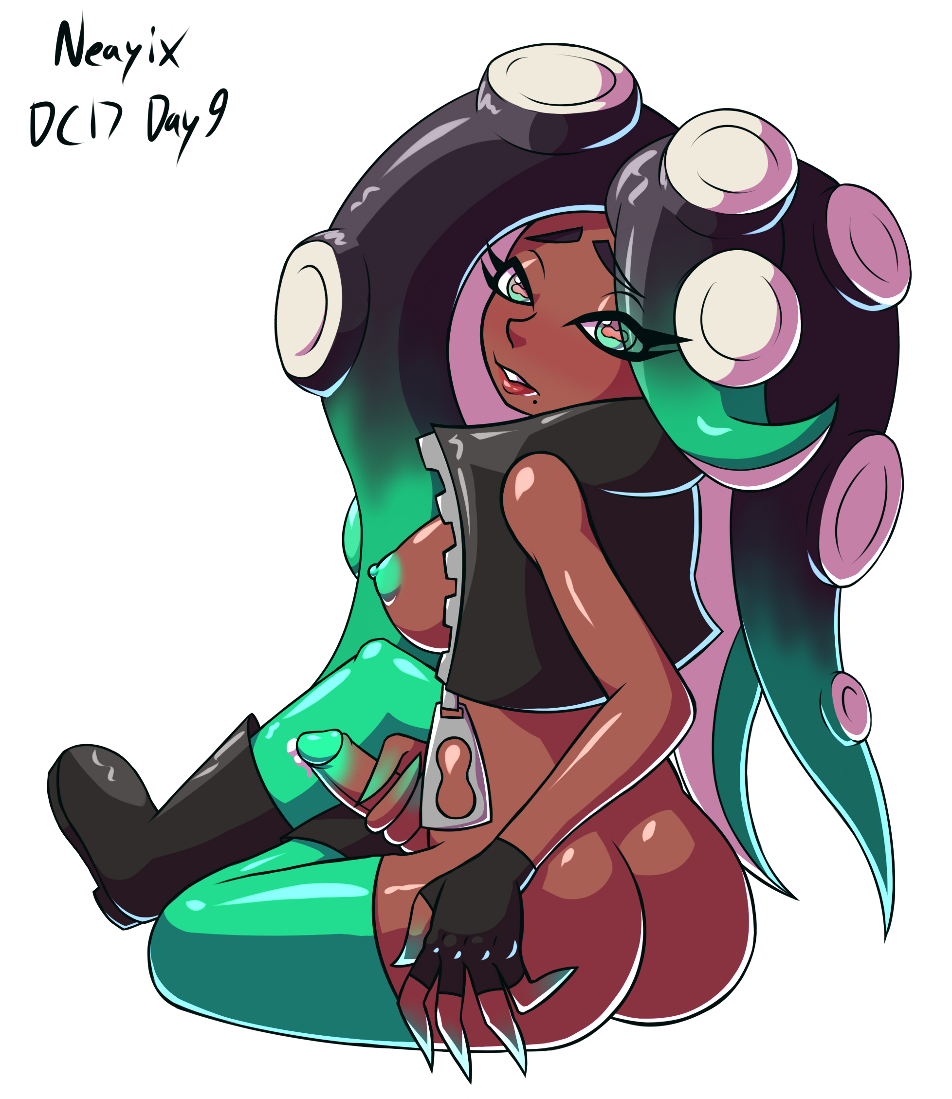 1futa, areolae, ass, breasts, color, cum, dark skin, dark-skinned futa, dickgirl, erection, futa only, futanari, green nipples, green penis, intersex, marina (splatoon), masturbation, neayix, nintendo, nipples, octoling, penis, solo, splatoon, splatoon 2, thighhighs