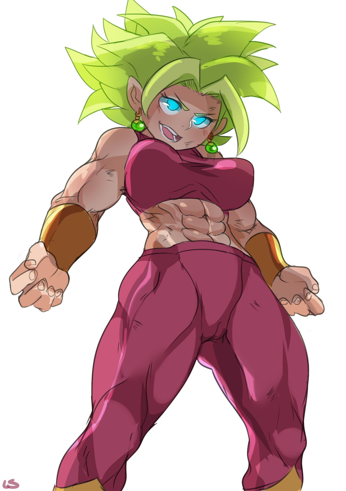1girls, abs, blonde hair, breasts, cameltoe, cleavage, clothed female, clothing, dragon ball, dragon ball super, fat mons, female, female only, fully clothed, fusion, green hair, kefla, legendary super saiyan, light skin, light-skinned female, lightsource, muscle visible through clothes, muscles, muscular, muscular female, pink clothes, pink clothing, pussy, saiyan, solo, spiky hair, super saiyan, super saiyan 2, tight clothing