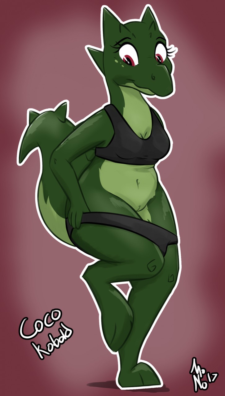 anthro bra breasts cleavage clothed clothing female full-length_portrait green_scales green_tail kobold looking_down monohors3 navel panties panties_down partially_clothed portrait pussy red_eyes reptile scales scalie shortstack smile solo spiked_tail thick_thighs underwear undressing