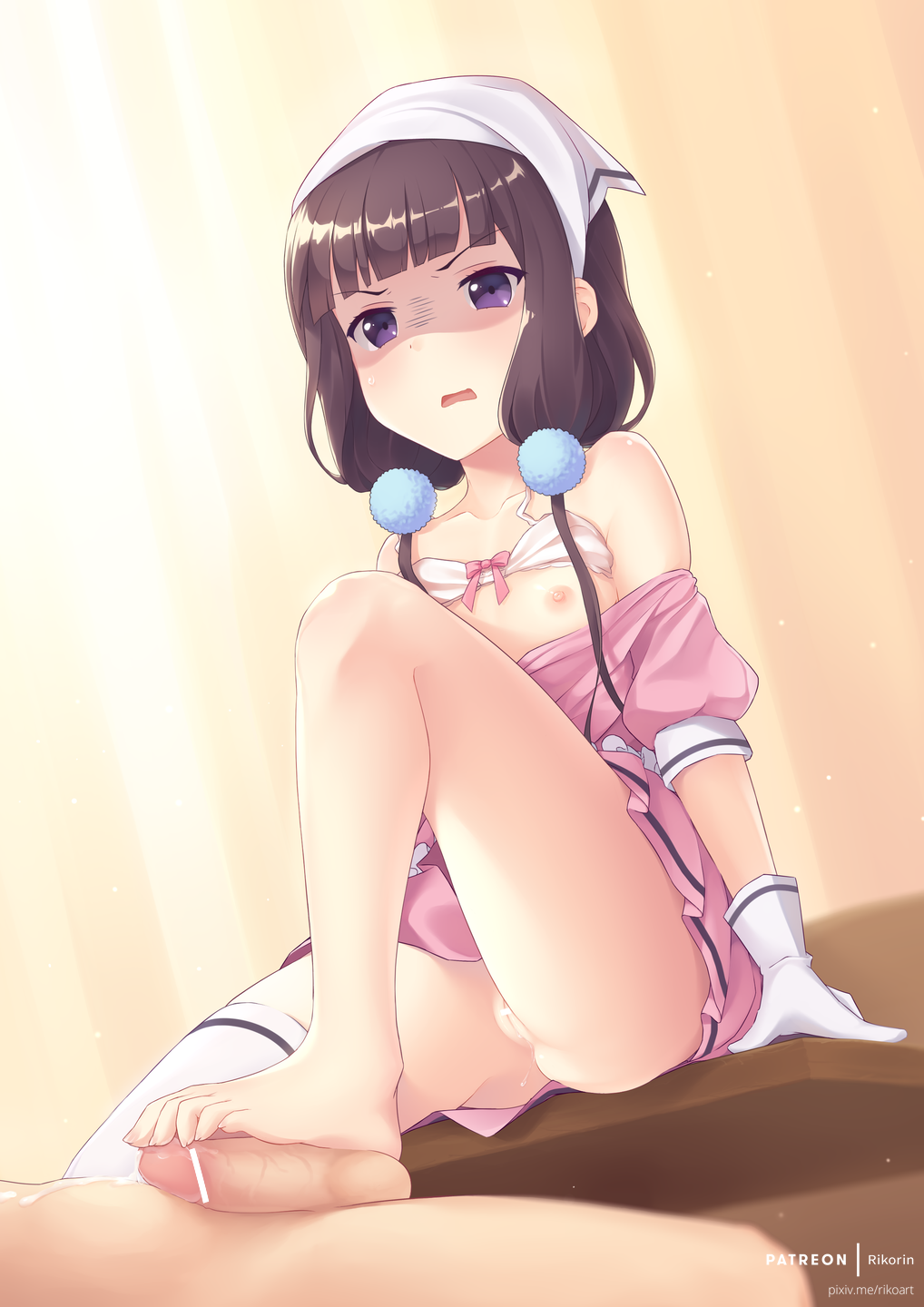 1boy artist_name bangs bar_censor barefoot black_hair blend_s bow bow_bra bra bra_lift censored clothes_down collarbone cum cum_on_self dress dutch_angle feet female flat_chest footjob gloves head_scarf knee_up looking_at_viewer nipples no_panties open_mouth patreon penis pointless_censoring precum purple_eyes pussy pussy_juice rikorin sakuranomiya_maika shaded_face shiny shiny_hair single_thighhigh sitting size_difference small_penis solo_focus straight toes underwear watermark web_address white_bra white_gloves white_legwear