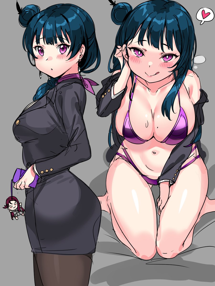 <3, 1girls, aroused, ass visible through thighs, bangs, bedroom eyes, big breasts, bikini, black dress, blue hair, blush, blushing, breasts, busty, cellphone, cleavage, clothing, curvy, dress, earrings, eyelashes, feather, female, female only, flight attendant, fully clothed, hair bun, hairbun, highleg, highleg bikini, highleg swimsuit, highres, horny, huge breasts, keychain, kneeling, large breasts, licking lips, lips, looking at viewer, love live!, love live! sunshine!!, medium hair, mole, mole on breast, multiple views, navel, pantyhose, purple bikini, purple eyes, purple scarf, purple swimsuit, scarf, seductive, seductive smile, sexually suggestive, shiny clothes, shiny hair, shiny skin, smile, smiling, solo, standing, stewardess, surprised, swimsuit, tem10, thick thighs, tied hair, tongue, tongue out, tsushima yoshiko, undressing, voluptuous, wide hips