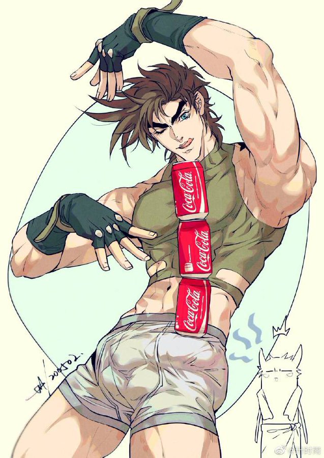 balancing_on_penis battle_tendency big_penis brown_hair bulge caesar_zeppeli coca-cola green_eyes holding_object_with_penis humor joestar_birthmark jojo's_bizarre_adventure joseph_joestar kinoko927513 licking_lips male male_only muscular_male object_on_bulge object_on_penis penis_bulge penis_in_underwear strong_erection underwear wink