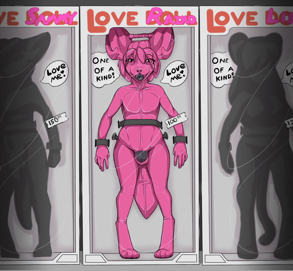 animate_inanimate anthro bondage bound box canine caprine chastity chastity_cage doll encasement forced fox gag gay girly hair horn ivory-raven looking_at_viewer male mammal objectification open_mouth post_transformation price raiko_amani restrained ring_gag rubber sex_doll sex_toy shiny smile text transformation