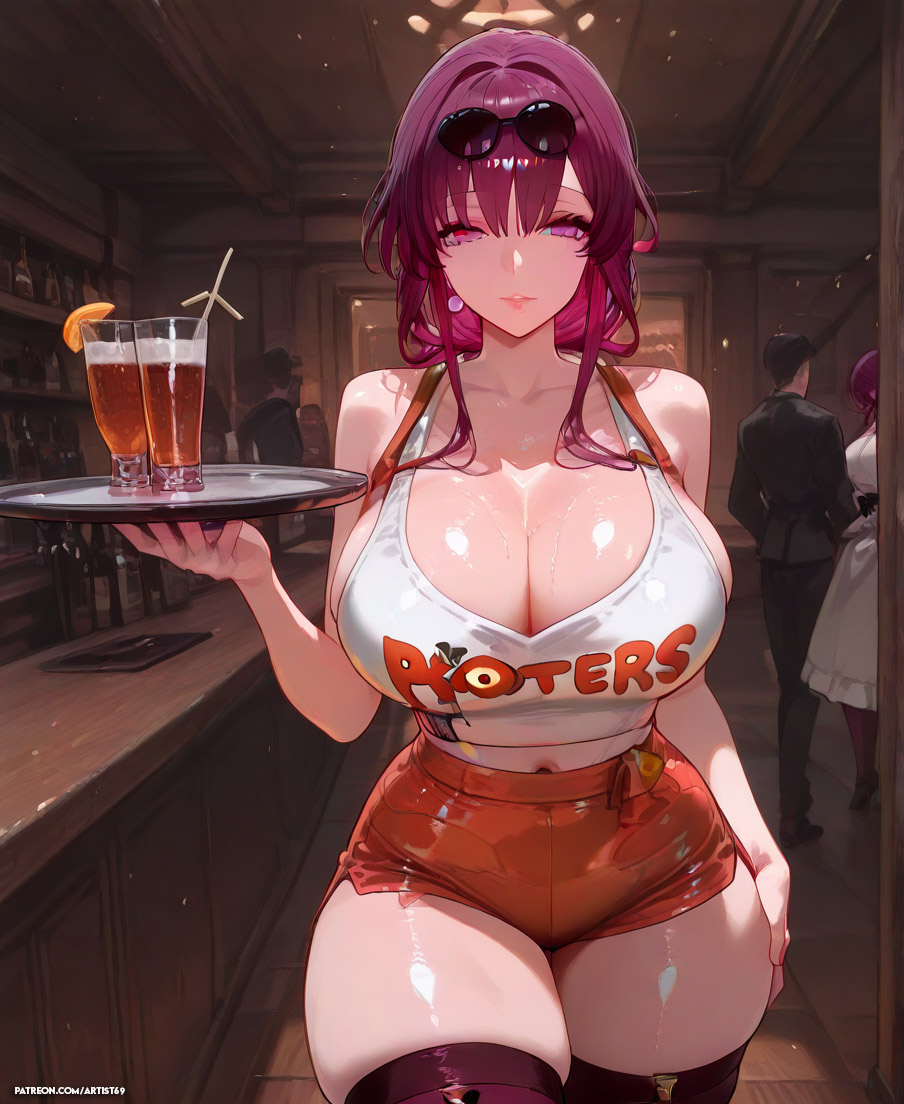 ai generated, artist69, ass, bangs, big ass, big breasts, blush, breasts, female, glasses, honkai: star rail, hooters, hooters uniform, huge ass, huge breasts, kafka (honkai: star rail), light-skinned female, long hair, nipples, patreon username, purple eyes, purple hair, solo, thick thighs, waitress, wide hips