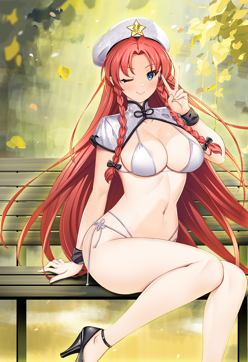 belly belly_button bench bikini blue_eyes cleavage hataraki_kuma hong_meiling not_porn peace_sign red_hair sfw sitting smile touhou wink