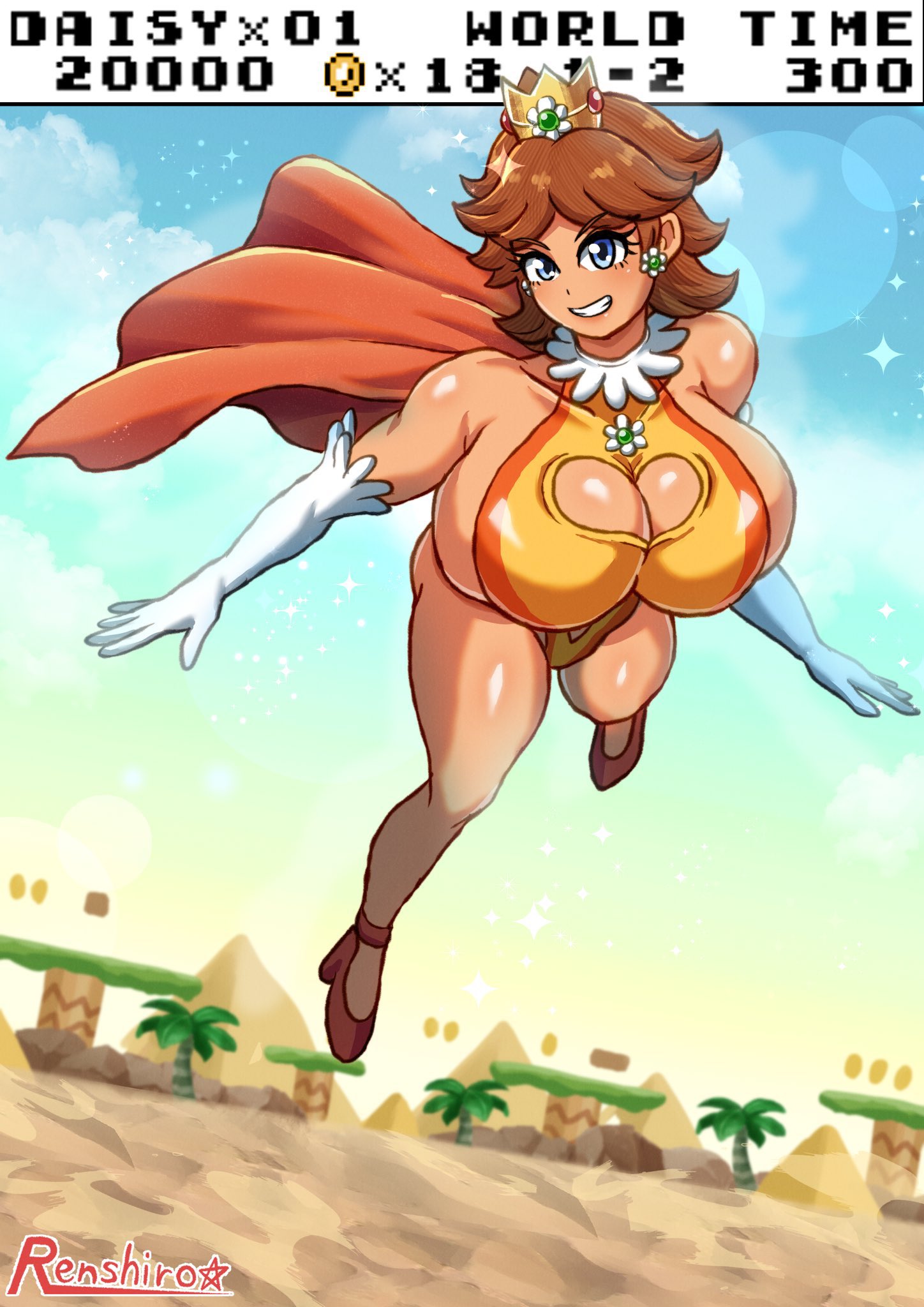 1boy 1girls 2024 2d big_breasts big_thighs blue_eyes boob_window breasts brown_hair cape color crown ear_piercing earrings female gigantic_breasts gloves huge_breasts huge_thighs impossible_clothes large_breasts large_thighs leotard mario_(series) massive_breasts muscular muscular_female nintendo open_mouth power_daisy_(renshirou) princess_daisy r0771 renshirou renzaburo0771 shiny_ass shiny_breasts shiny_butt shiny_hair shiny_skin short_hair skimpy skimpy_clothes super_mario_land tan_body tan_skin tanned tanned_female tanned_skin teeth teeth_showing teeth_visible thick_thighs thighs white_gloves