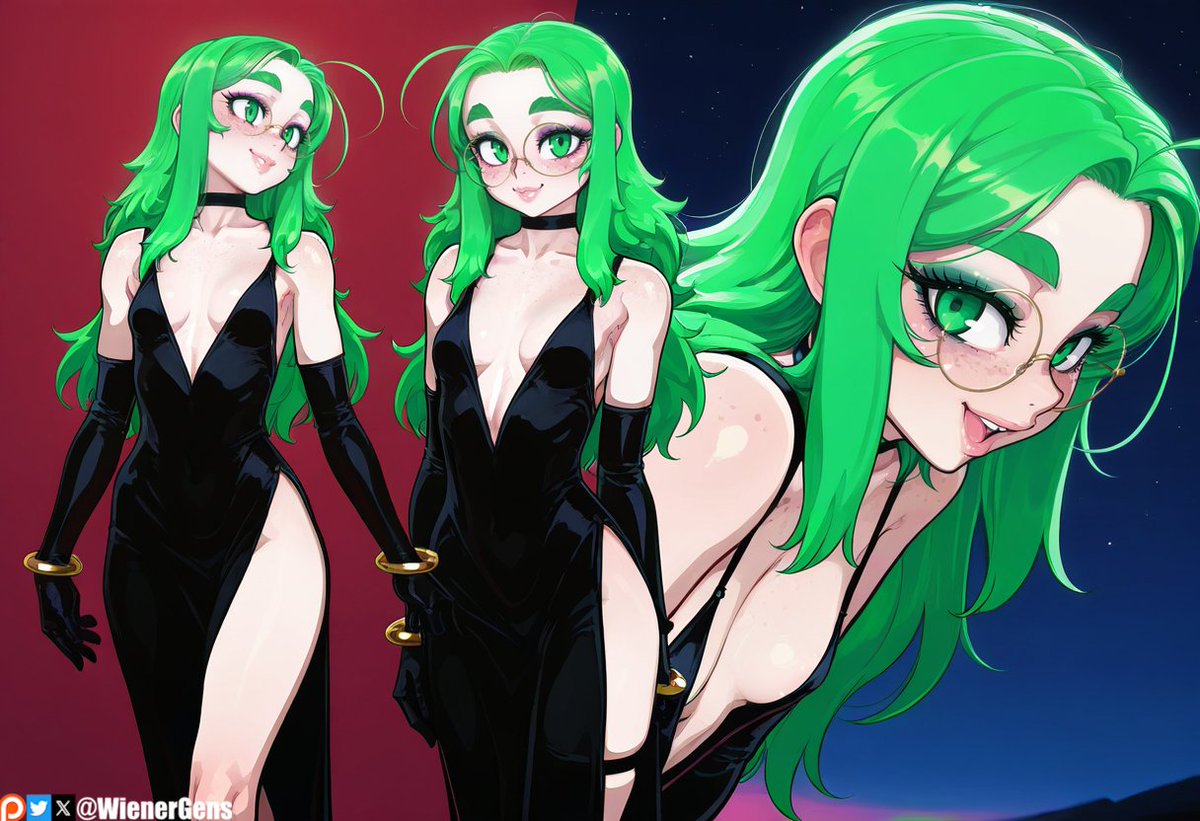 1girls ai_generated bare_shoulders blushing_at_viewer bracelet choker color dress freckles_on_breasts freckles_on_face glasses green_eyes green_hair hi_res looking_at_viewer makeup open_mouth original_character patreon small_breasts uncensored wienergens