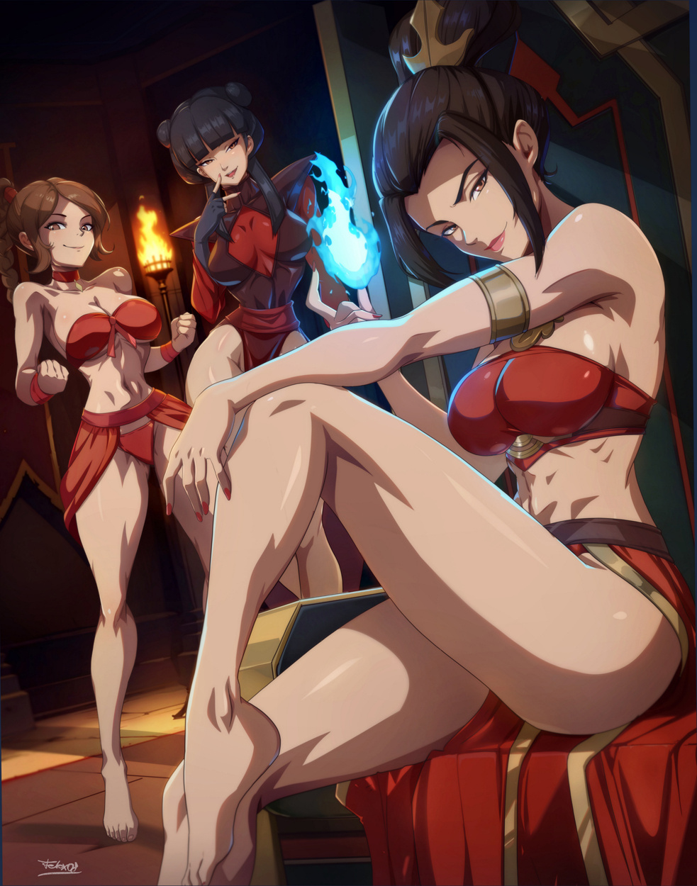 3girls, avatar the last airbender, azula, bare arms, bare legs, bare shoulders, bare thighs, barefoot, big breasts, bikini, bikini bottom, bikini top, black hair, brown hair, clothed, clothing, color, felox08, female, female focus, female only, firebending, full body, hi res, large breasts, light skin, light-skinned female, looking at viewer, mai (avatar), nail polish, noblewoman, nude version available, red nails, sexy, sexy female, short hair, sitting, smug, smug face, solo female, tagme, thick thighs, ty lee, villainess