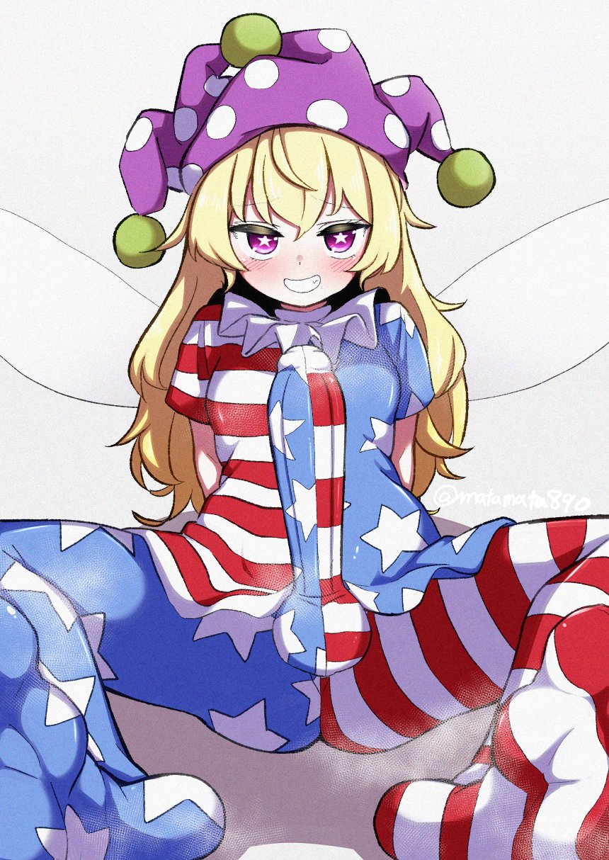 1futa american_flag american_flag_legwear areolae balls big_penis blonde_hair breasts clothed clothing clownpiece erection erection_under_clothes fully_clothed futa_only futanari humanoid humanoid_penis impossible_clothes kameyan light-skinned_futanari light_skin long_hair looking_at_viewer nipples penis sharp_teeth skin_tight solo tight_clothing touhou