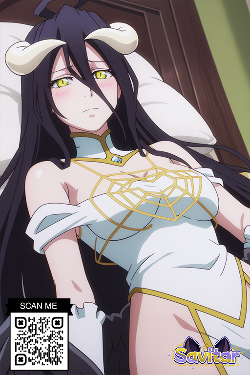 ahoge ai_generated albedo_(overlord) bangs bare_shoulders bed black_hair black_wings blush breasts cleavage closed_mouth clothing demon_girl demon_horns detached_collar dress feathered_wings female gloves hair_between_eyes horns large_breasts littlehentai long_hair looking_at_viewer low_wings lying on_back on_bed overlord_(maruyama) pillow savitar savitar_(artist) slit_pupils smile solo very_long_hair white_dress white_gloves white_horns wings yellow_eyes