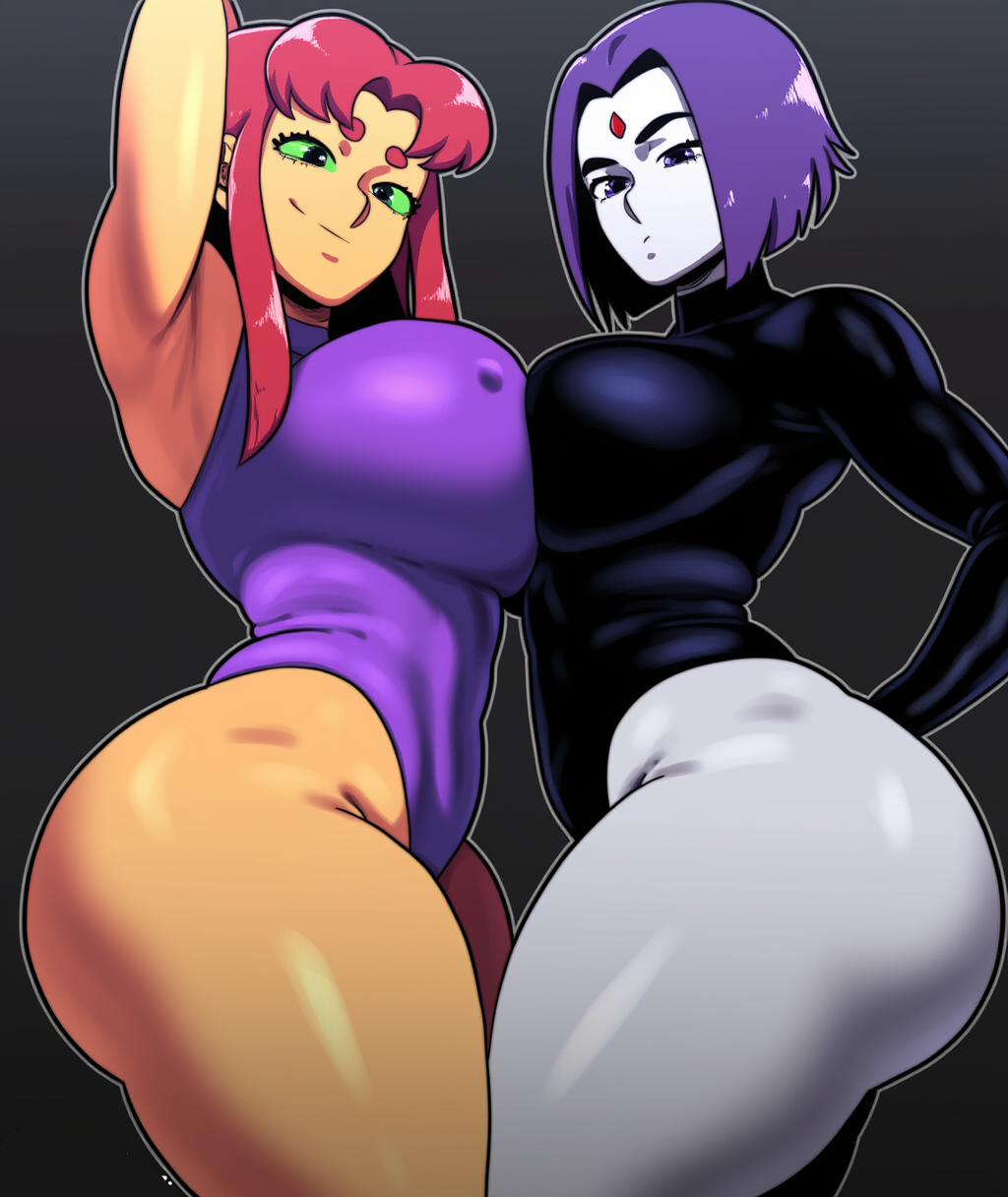 2024 2d 2d_(artwork) 2girls ai_generated alien alien_girl ass big_ass breast_press breasts_together dat_ass dc dc_comics demon_girl female female_only goth_girl grey_body grey_skin huge_ass koriand'r leotard long_hair looking_at_viewer looking_back_at_viewer mullon novelai orange_body pale_skin purple_hair rachel_roth raven_(dc) red_hair red_hair_female short_hair starfire superheroine tamaranean