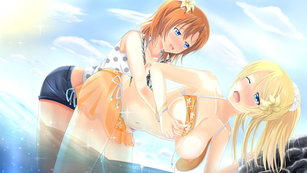 10s 2girls areolae ayase_eli bangs beach beach_towel blonde_hair blue_eyes blush breasts brown_hair female female_only hair_between_eyes hair_flower hair_ornament hairbow kousaka_honoka large_breasts last_post_of_the_year long_hair love_live! love_live!_school_idol_project medium_breasts multiple_girls mutual_yuri nipples open_mouth open_shirt orange_hair pillow ponytail pussy pussy_juice ribbon saliva scrunchie shiny shiny_skin shirone short_hair side_ponytail smile swimsuit tears yuri