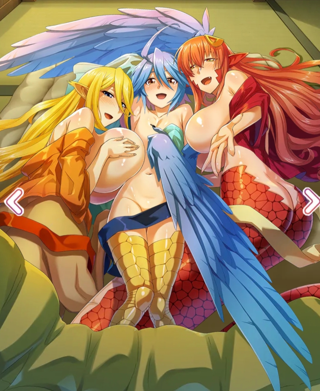 blonde_hair blue_hair centorea_shianus lamia miia_(monster_musume) monster_musume_no_iru_nichijou papi_(monster_musume) red_hair