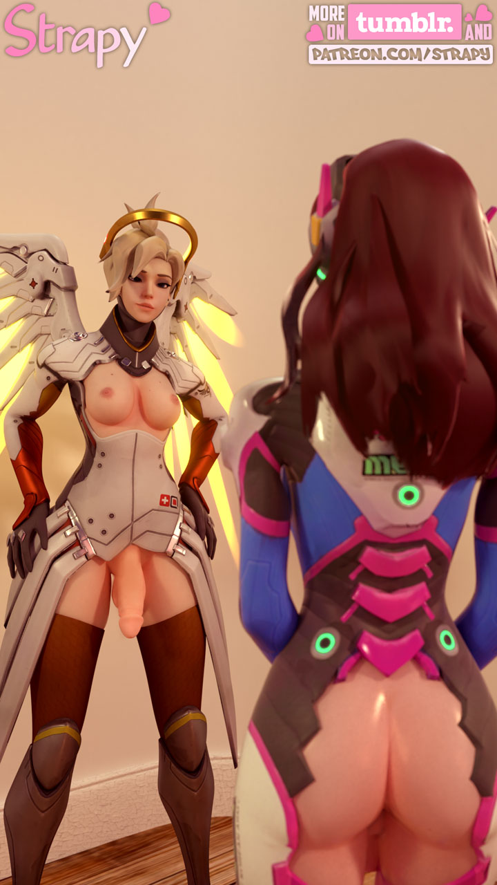 3d, areolae, ass, blender, breasts, d.va, dickgirl, futanari, intersex, mercy, nipples, overwatch, penis, strapy