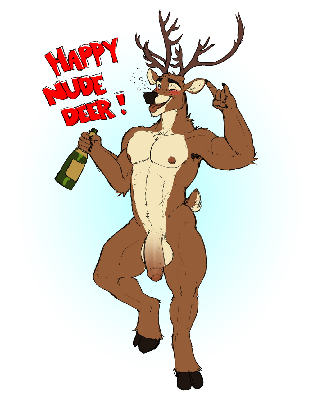 2024 4:5 abs alcohol anthro antlers armpit_hair balls beverage biceps blush body_hair bottle champagne container deer devil_horns_(gesture) dream_and_nightmare drunk english_text eyebrows flaccid foreskin fur genitals gesture glans hand_gesture hi_res holidays hooves horn humanoid_genitalia humanoid_penis humor looking_at_viewer male mammal muscular muscular_anthro muscular_male navel new_year nipples nude one_eye_closed open_mouth open_smile pecs penis pun simple_background smile solo standing substance_intoxication text tongue tongue_out tuft unretracted_foreskin white_background wink