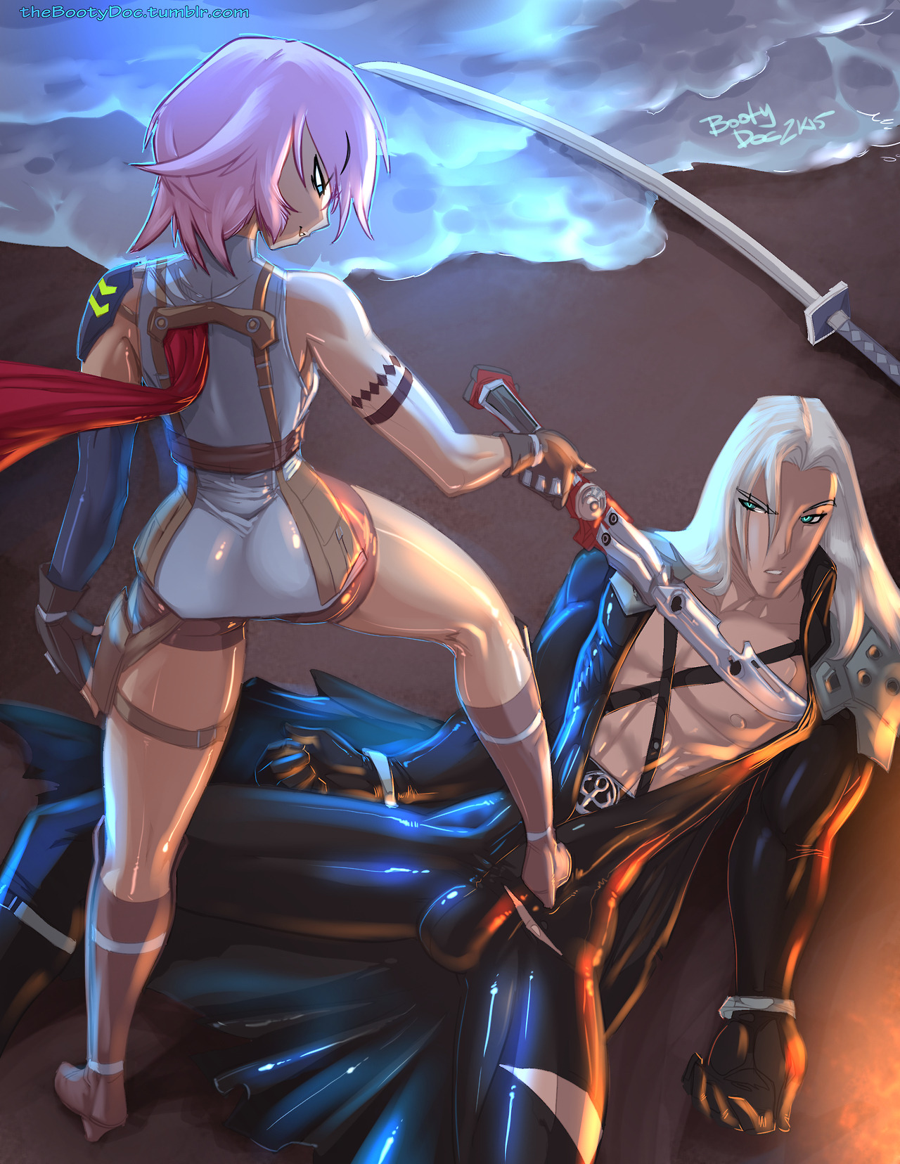 defeated, duo, eclair farron, female, final fantasy, final fantasy vii, final fantasy xiii, fred perry, latex, pink hair, sephiroth, straight, superhero, sword, undressing another, white hair