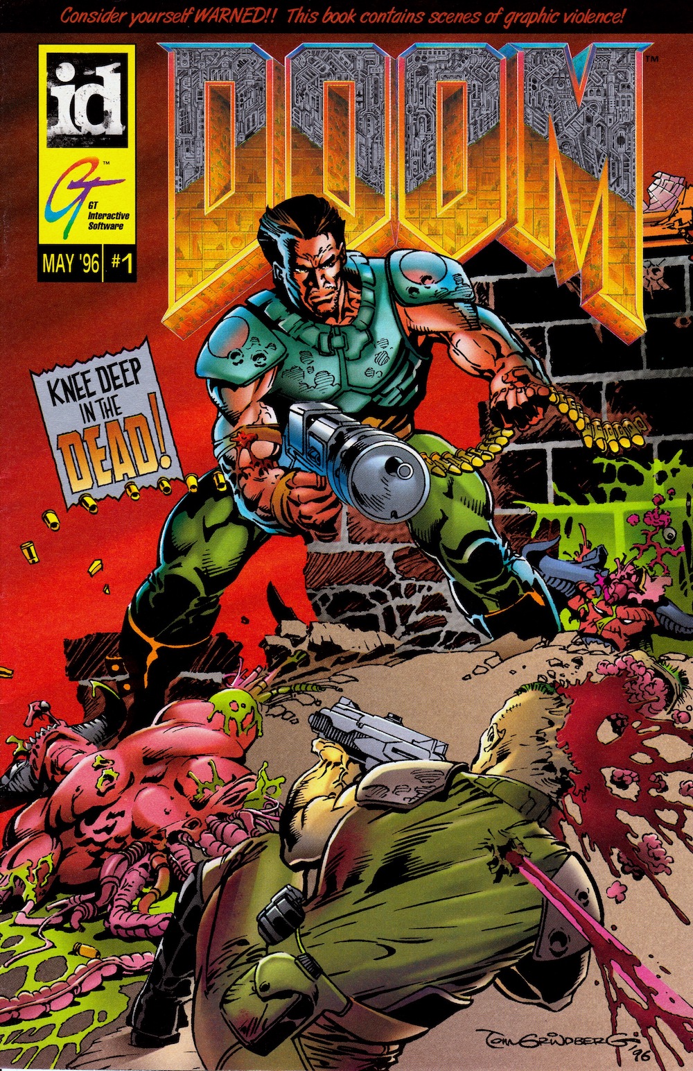 1996 1boy ammunition_belt armor baron_of_hell blood blood_splatter boots brain brick_wall bullet_hole casing_ejection chain_gun closed_mouth colored_skin combat_boots company_logo company_name copyright_name corpse cover cover_page cyberdemon demon demon_horns doom_(comic) doom_(game) doom_(series) doomguy english_text exploded_head explosive exposed_brain eyeball full_body gatling_gun green_armor green_blood green_pants grenade gun guro highres holding holding_gun holding_weapon horns id_software injury intestines male_focus minigun muscular muscular_male official_art organs pants pouch red_skin scowl shell_casing short_hair signature standing tom_grindberg very_short_hair weapon zombieman_(doom)