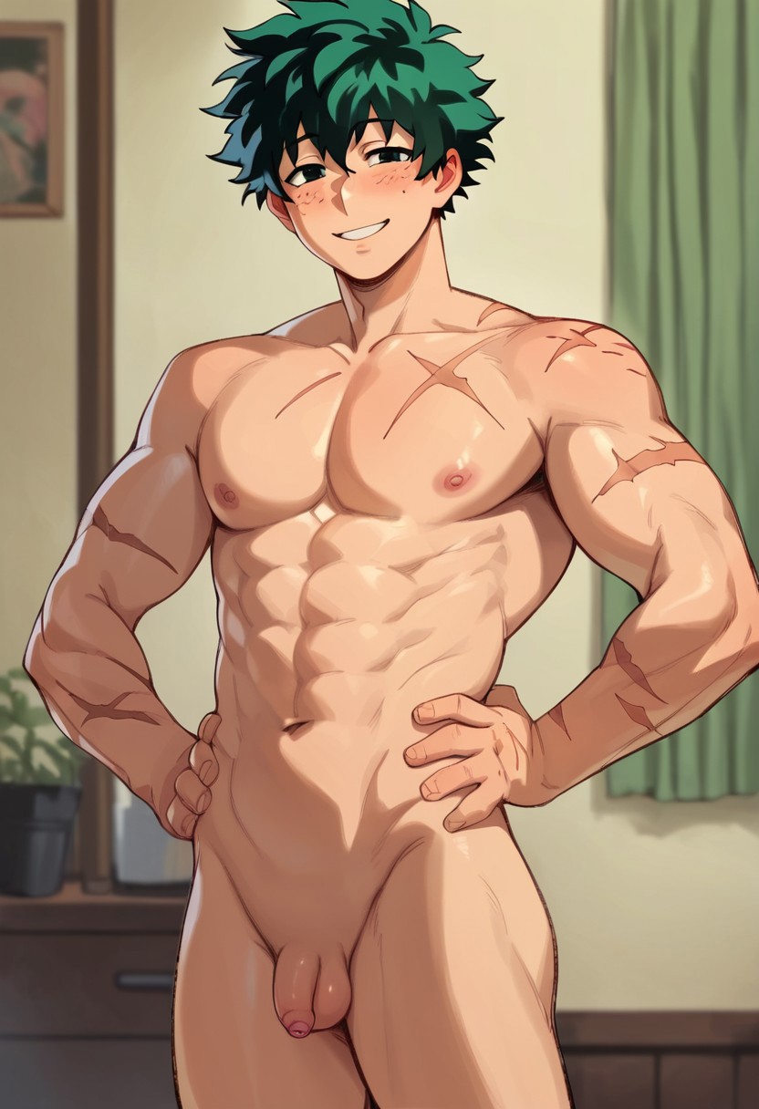 1boy ai_generated green_eyes green_hair hands_on_hips indoors izuku_midoriya jerkuori looking_at_viewer male_only midoriya_izuku muscular_male my_hero_academia scars small_balls small_penis smile standing tiny_penis