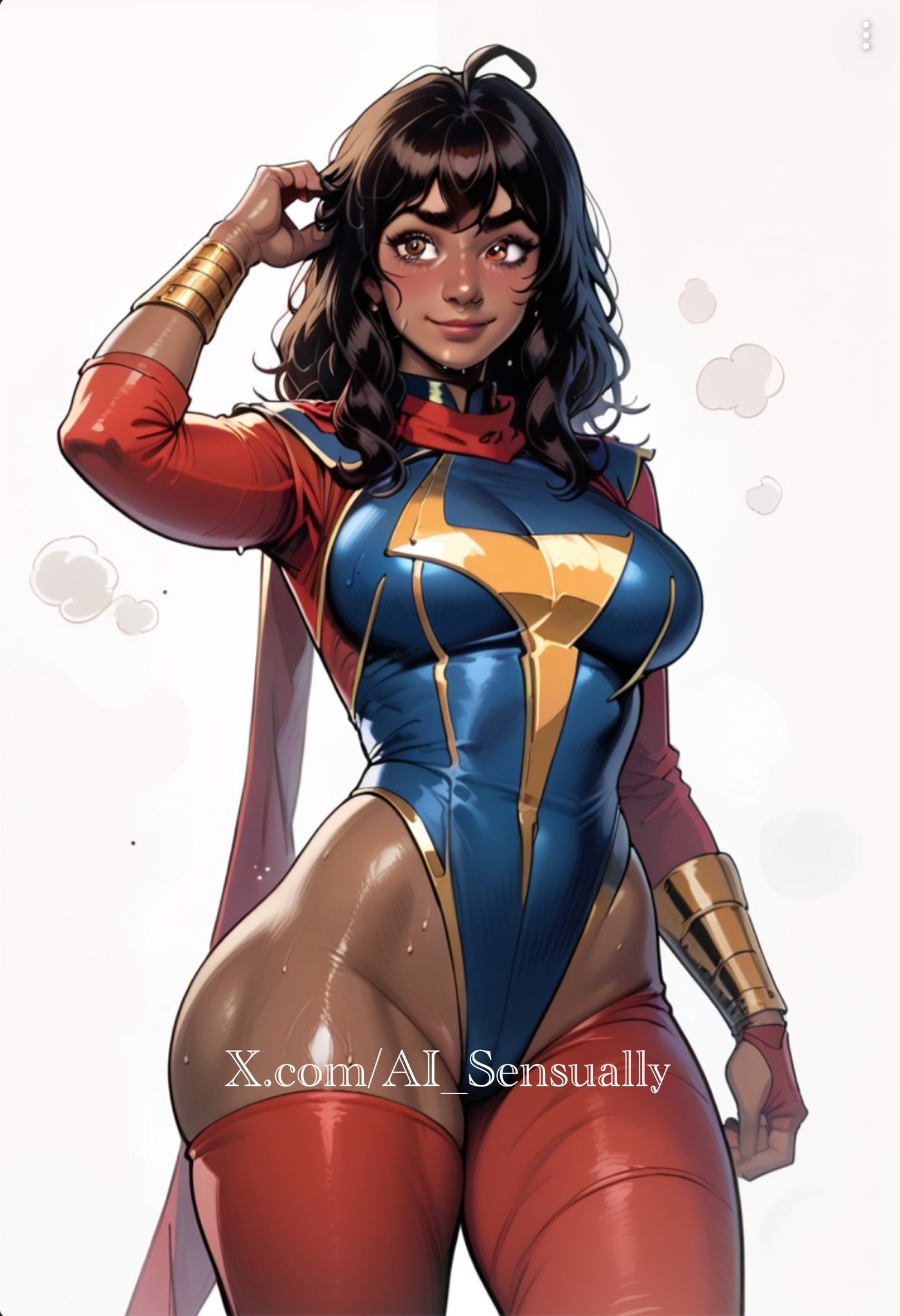 ai_generated ai_sensualization artist_name bracelet brown_eyes brown_hair brown_skin brown_skinned_female kamala_khan leotard looking_at_viewer marvel marvel_comics ms._marvel ms._marvel_(kamala_khan) muslim muslim_female pakistani pakistani_female white_background