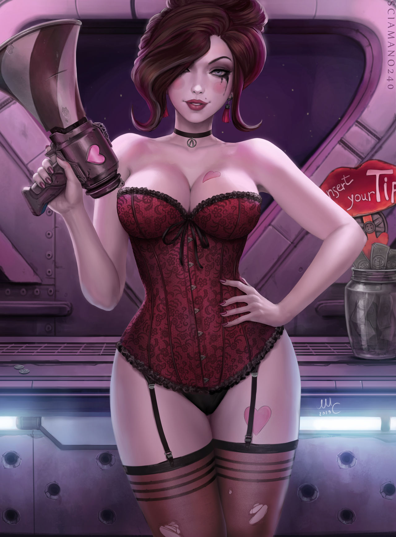 1girls borderlands borderlands_2 borderlands_3 breasts brown_hair choker cleavage corset female female_only garter_straps holding_object looking_at_viewer mad_moxxi makeup nail_polish red_lipstick runny_makeup sciamano240 smile solo solo_female