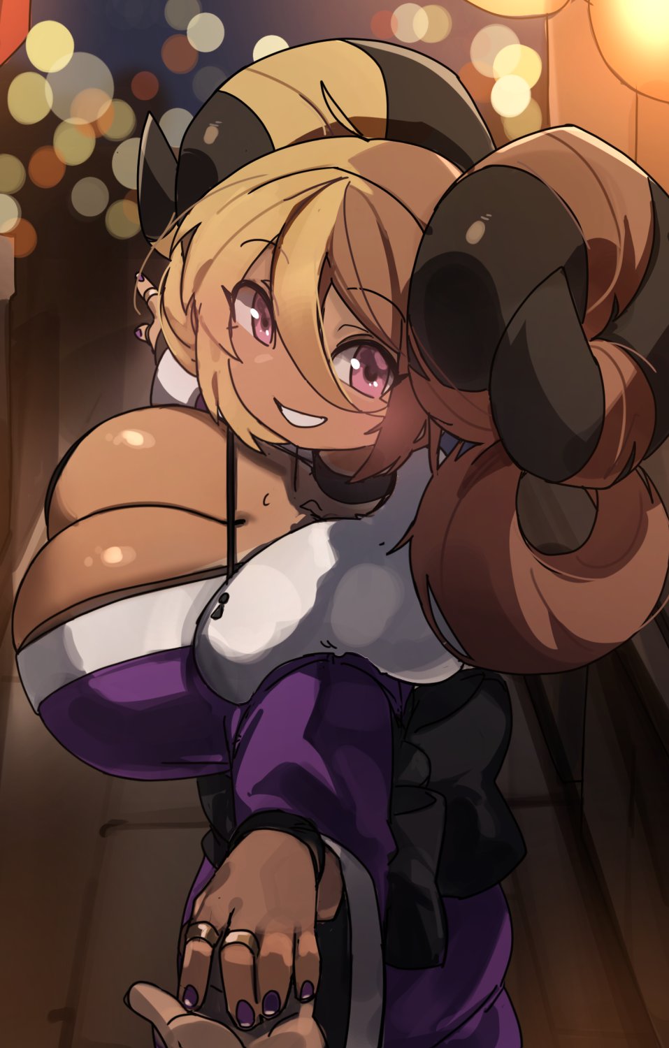 1boy 1girls aife_(zanamaoria) big_horns blonde_hair breasts brown_hair cleavage curved_horns dark-skinned_female dark_skin female hair_on_horn hand_holding hi_res horns huge_breasts long_hair looking_at_viewer male male_pov original original_character pink_eyes pov pov_eye_contact shortstack smiling smiling_at_viewer tan tan-skinned_female tanned_skin two_tone_hair zanamaoria