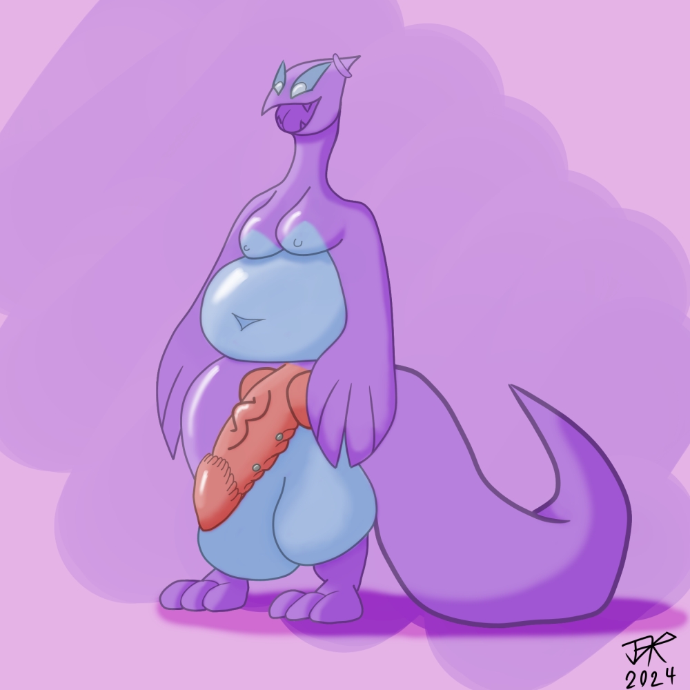 2024 accessory anthro balls belly big_balls big_belly big_penis blue_body digital_drawing_(artwork) digital_media_(artwork) generation_2_pokemon genital_piercing genitals headband jake_daker_(artist) knot legendary_pokemon lugia male nintendo penis penis_piercing piercing pokemon pokemon_(species) purple_body signature simple_background solo