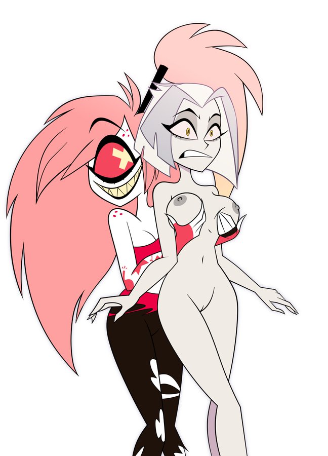 2girls accurate_art_style breast_grab cherri_bomb clothed_female clothed_female_nude_female deadinside97 hazbin_hotel lute_(hazbin_hotel) nude nude_female suprised_look surprise_breast_grab yuri