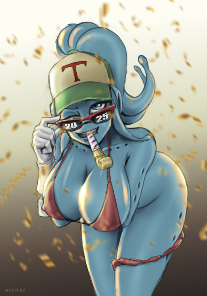 1girls 2025 2d adjusting_eyewear baseball_cap big_ass big_breasts bikini_top blue_body blue_eyes breasts dragon_ball dragon_ball_xenoverse dragon_ball_z female_majin happy_new_year holding_breast kria_(pensubz) looking_at_viewer looking_over_eyewear looking_over_sunglasses new_year nipple_bulge party_horn pensubz smile sunglasses tinted_eyewear tits_out wink winking_at_viewer