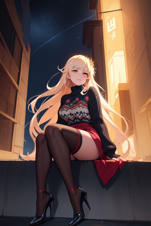 ai_generated black_thighhighs blonde_hair city heels high_heels long_hair luxanna_crownguard midnight new_year skirt stockings sweater thighhighs